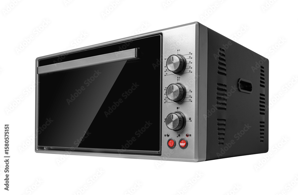 Obraz premium Modern stainless steel electric oven with control knobs and glass door, isolated on white background.