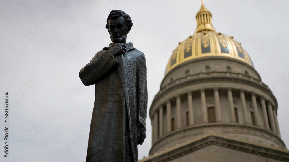 Fototapeta premium A historic statue of Abraham Lincoln stands proudly in front of the West Virginia State Capitol in Charleston. This iconic site attracts many visitors daily.