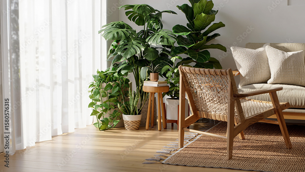 Fototapeta premium Serene Interior Featuring Woven Chair Lush Greenery and Soft Natural Light Creating a Relaxing and Inviting Atmosphere with Warm Wooden Accents