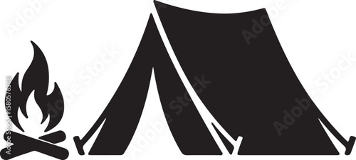 Black silhouette of a tent and campfire representing camping adventures and outdoors