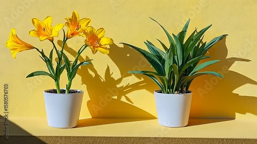 Two potted plants with vibrant yellow flowers and green leaves against a bright yellow wall
