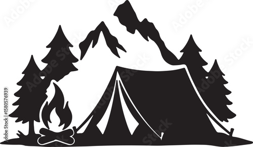 Camping adventure scene with tent campfire trees and mountain silhouettes in monochrome style