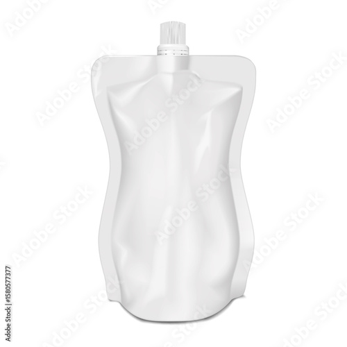 White blank spouted stand-up pouch. Realistic 3d vector mockup. Nozzle plastic bag with screw cap. Mock-up. Liquid food reclosable packaging. Template for design