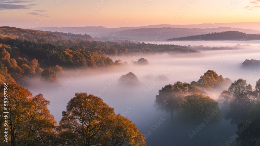 Fototapeta premium A serene landscape unfolds before the viewer. Morning mist dances among the trees and valleys. Tranquility fills the air, inviting reflection and peace. Generative AI