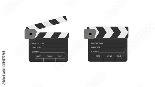 Clapper board vector icon set.  Filmmaking, video production industry equipment.Director clapboard. Opened and closed movie clapper film clap board. Movie, cinema, film symbol concept.