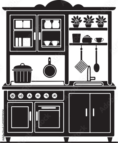 Black silhouette of a toy kitchen with stove and sink play kitchen vector