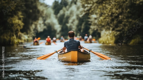 Group of people rowing on a river ideal for sports