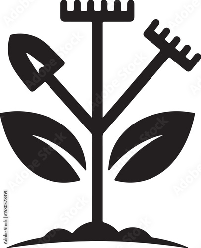 Gardening and farming illustration featuring tools and plant elements in a black and white design