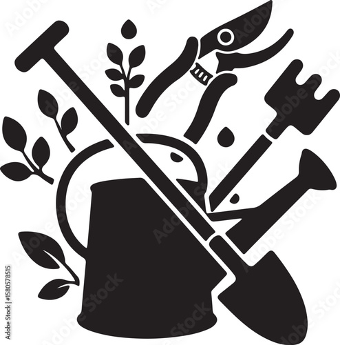 Gardening tools and foliage black and white vector illustration for landscaping and horticulture