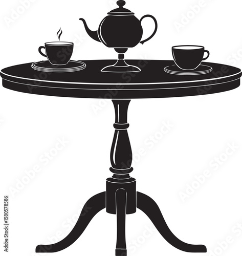 Black teapot and cups on round table saucers