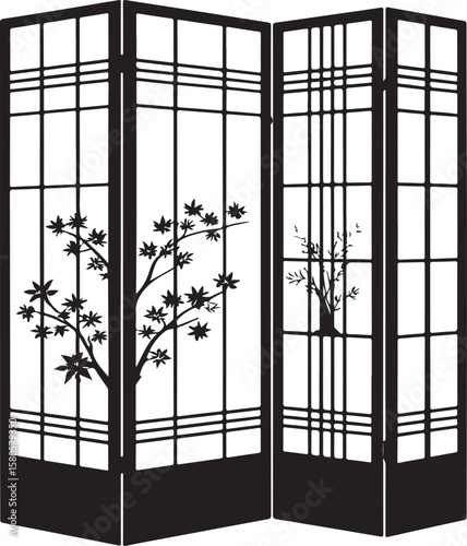 Black vector silhouette of a four panel folding screen with floral motifs room divider white