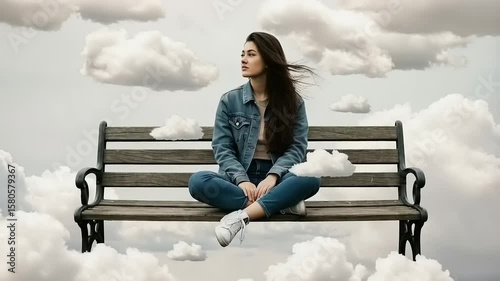 Young woman sitting on a bench amidst clouds, reflecting in a serene, dreamlike setting