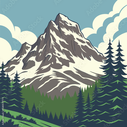 Majestic snow capped mountain peak surrounded by pine trees and clouds