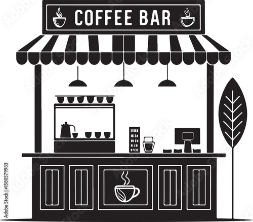 Coffee bar stall with awning and steaming cups black and white vector