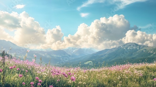 Blooming wildflower meadow with pink and white flowers under blue sky with fluffy clouds and mountains in background.
