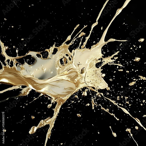 Splash of liquid gold paint frozen in motion on a black background, dynamic burst effect, high detail close-up.

