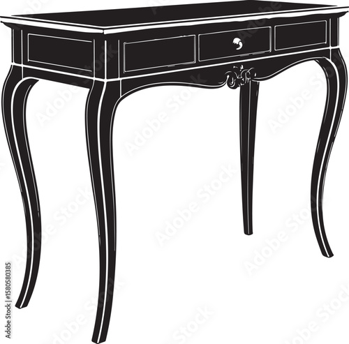 Elegant black console table with ornate legs and drawers vector icon