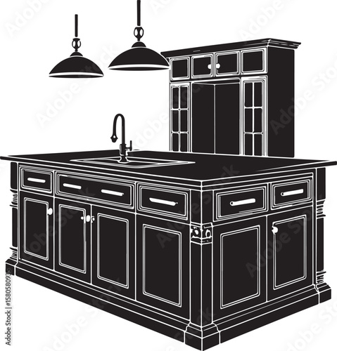 Kitchen island with sink and overhead cabinets and lamps faucet drawers