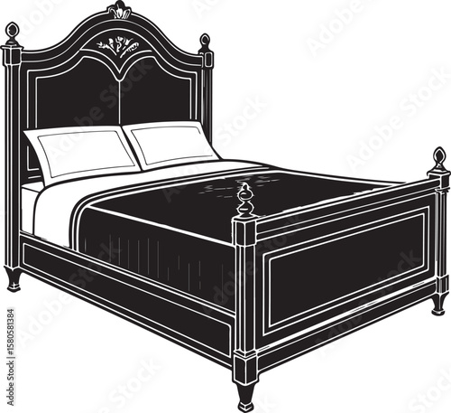 Ornate black bed frame with white pillows furniture bedroom