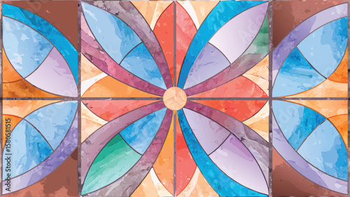 Watercolor flower tile pattern with rounded petals and square layout in earth tone color palette