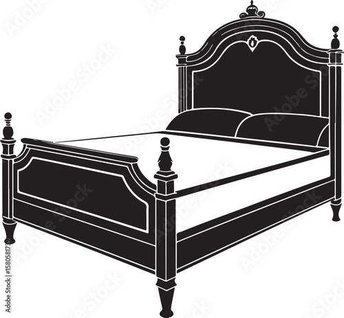 Ornate black bed frame vector silhouette icon