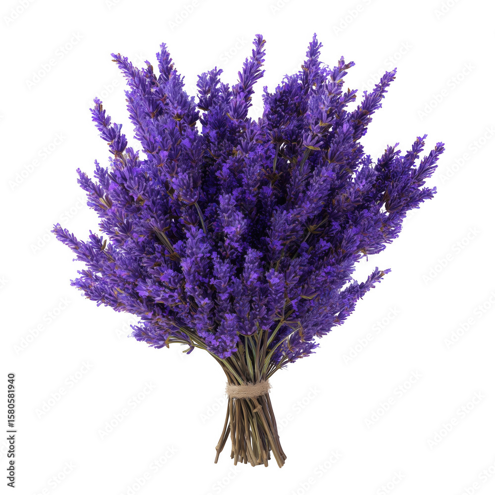 Fototapeta premium A beautiful bouquet of fresh lavender flowers tied with natural twine against transparent background
