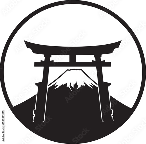 Simple black and white illustration of japanese torii gate and mount fuji in a circle