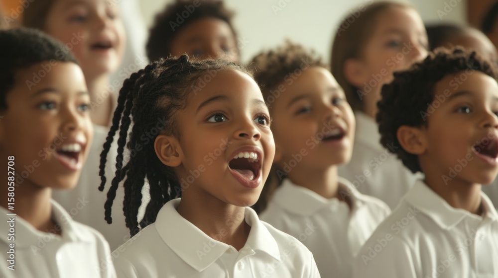 Group of children passionately singing spiritual songs in choir Group of children passionately singing spiritual songs in choir