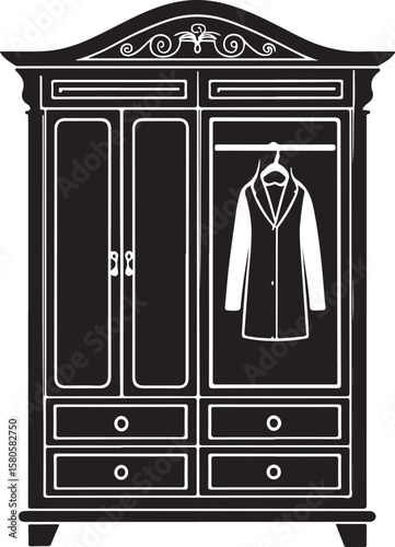 Ornate black wardrobe with hanging garment closet furniture