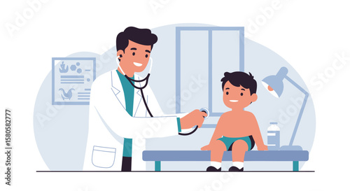 A doctor examining a young child with a stethoscope in a medical office.