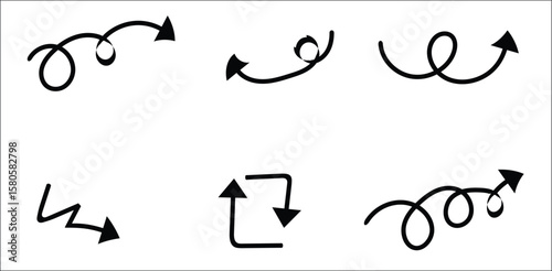 Black curly hand-drawn arrow icons on white background – looping, swirly, zigzag, and return arrows in sketch style for navigation, direction, infographic highlights, or creative design elements

