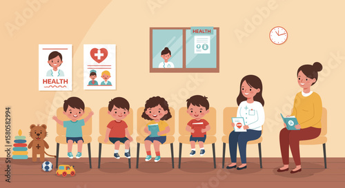 Children waiting in a doctor's office, with posters and staff.