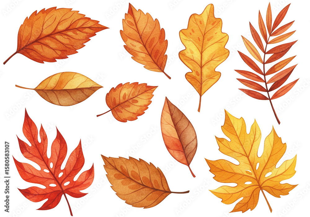 Fototapeta premium Watercolor Autumn Leaves Design Isolated Elements Collection Illustration