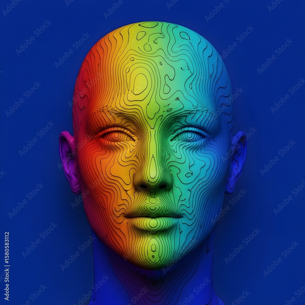 Naklejka premium Abstract Rainbow Topographic Head: 3d Render Of a Colorful Human Face With Contour Lines