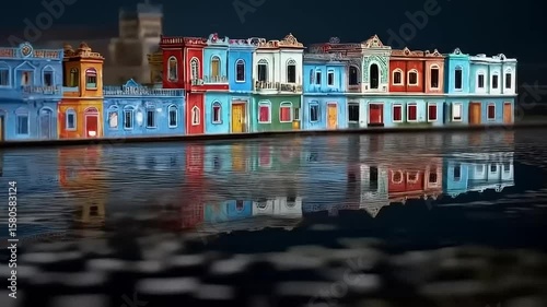 Vibrant waterfront view of colorful houses reflecting in calm water at night with city backdrop
