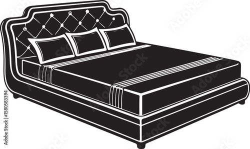 Plush tufted headboard bed with three pillows furniture interior