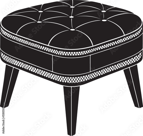 Tufted square ottoman with decorative trim and tapered legs footstool upholstered