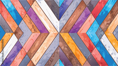 Symmetrical arrangement of colorful wooden planks forming a chevron pattern with a rustic texture look