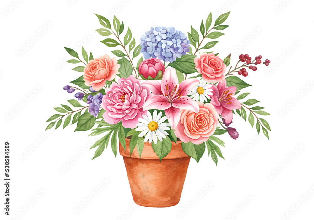 Fototapeta premium Watercolor Illustration of Flower Bouquet in Pot Floral Arrangement