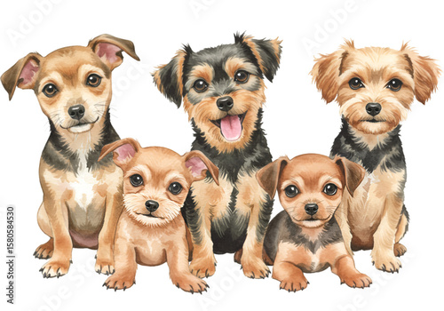 Watercolor Illustration of Cute Brown Puppies Dogs Group on Transparent