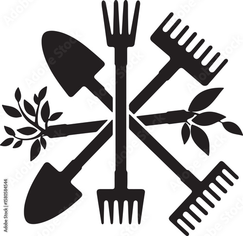 Vector illustration of gardening tools and plant elements for design and branding
