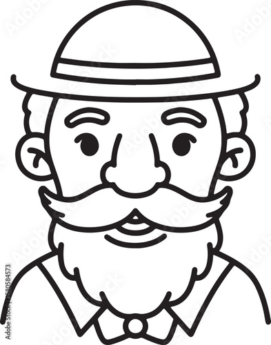 Vector illustration of a stylized man with a hat mustache and beard in black and white