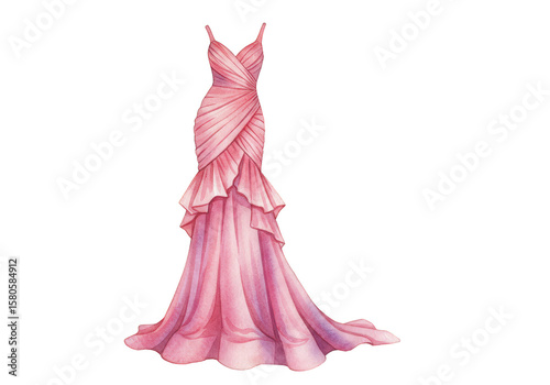 Watercolor Illustration of Pink Long Prom Gown for Evening Party