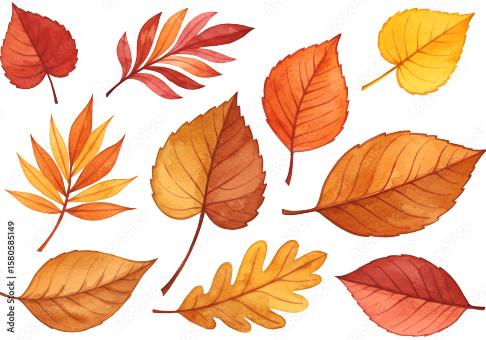 Obraz premium Watercolor Illustration of Various Autumn Leaves with Transparent Background