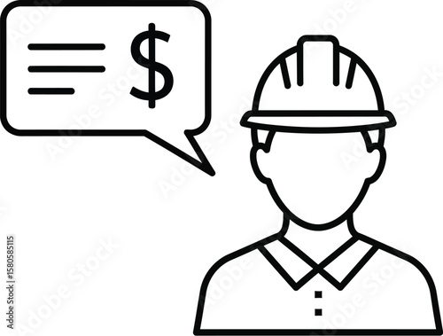 Construction worker icon with hardhat and dollar sign speech bubble.