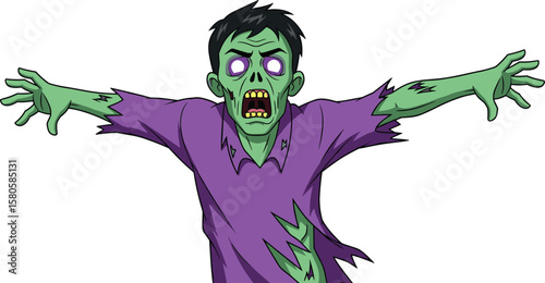 Cartoon green zombie character, purple shirt undead, creepy animated monster, horror Halloween design, scary vector creature, open arms zombie