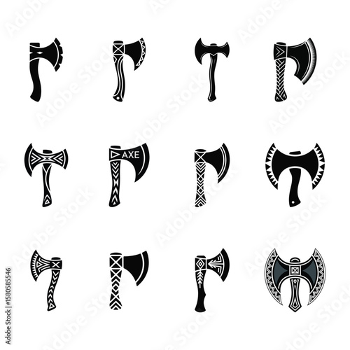 Collection of stylized axe illustrations in black and white with decorative designs