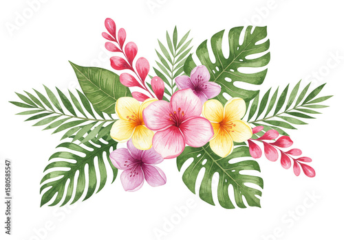 Watercolor Tropical Floral Bouquet Illustration with Exotic Leaves Summer