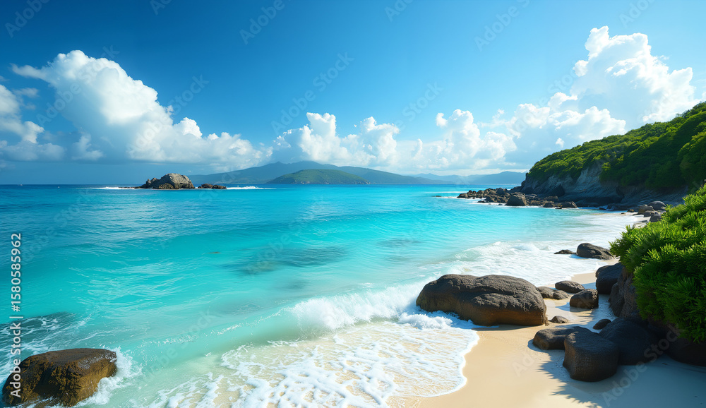 Fototapeta premium Serene Tropical Beach with Crystal Clear Waters and Lush Green Hills