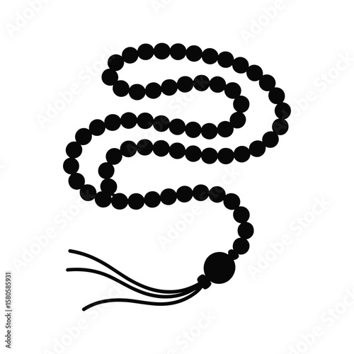 Black silhouette illustration of a buddhist mala prayer beads or rosary on white background